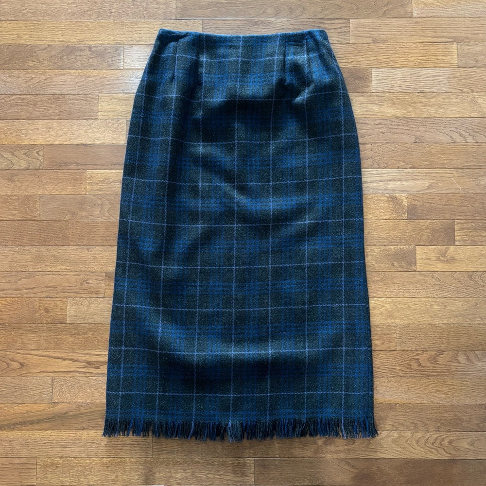 Vintage 100% Wool Navy and Black Plaid Maxi Skirt with Fringe Hem